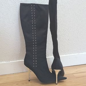 Black Satin Pointy Toe Boots